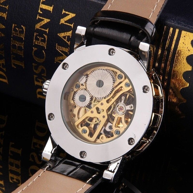 Luxury Men’s Skeleton Leather Steampunk Mechanical Wrist Watch Gold