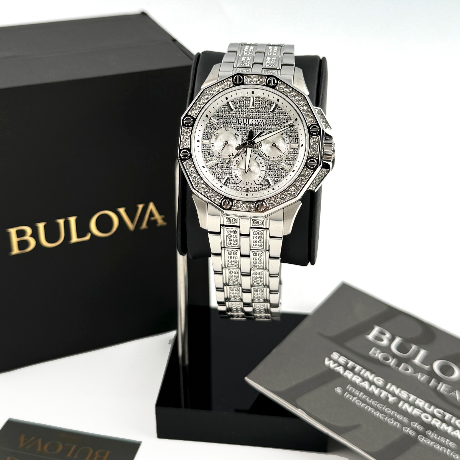 Bulova Octava Crystal 96C134 Silver Pave Dial Quartz Stainless Steel Men’s Watch