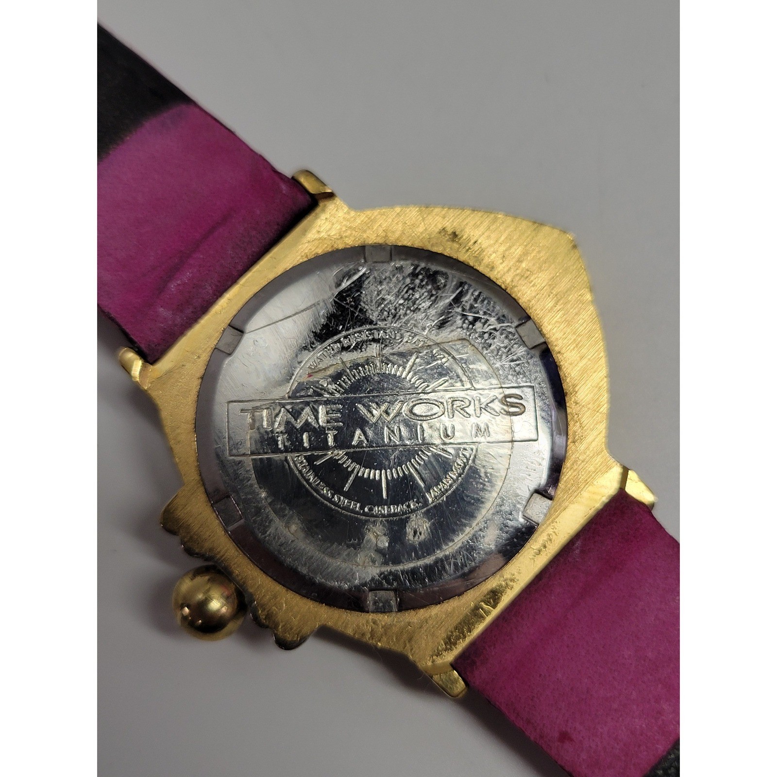 Time Works Vintage Fish Shaped Watch Titanium Quartz Pink Leather Strap Purple