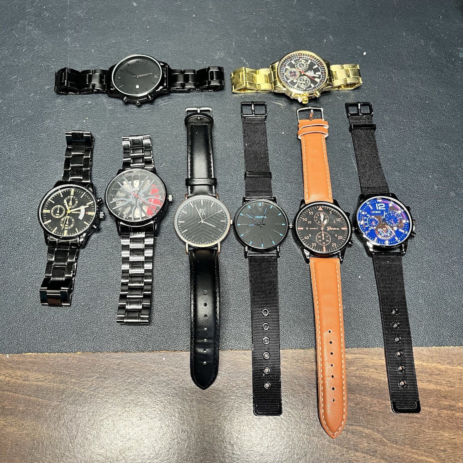 Men’s Wrist Watch Lot Of 8, Deyros Geneva PX, Black Gold Brown Tones Untested.