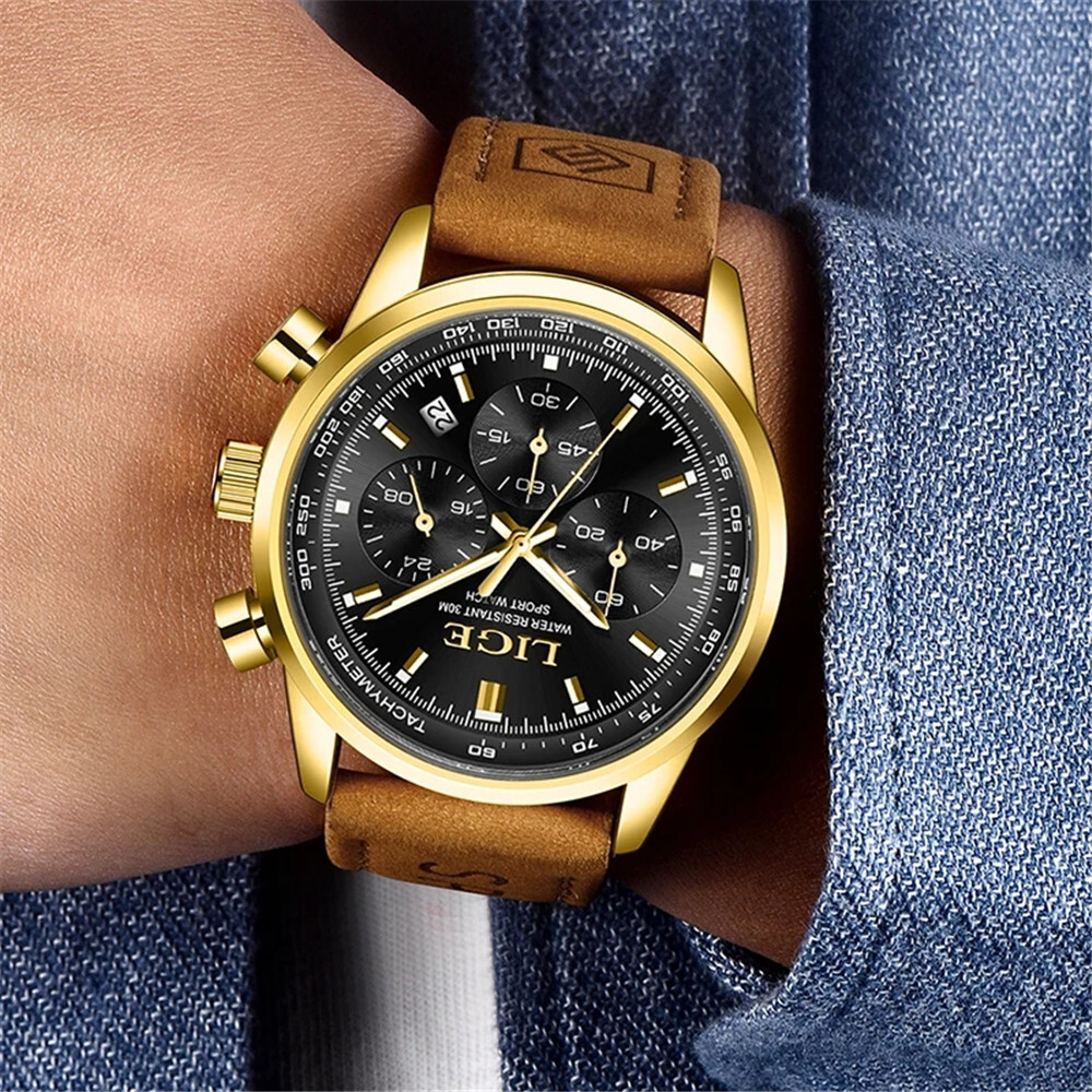 LIGE Men Watch Top Brand Luxury Military Leather Wristwatch Male Calendar Watch