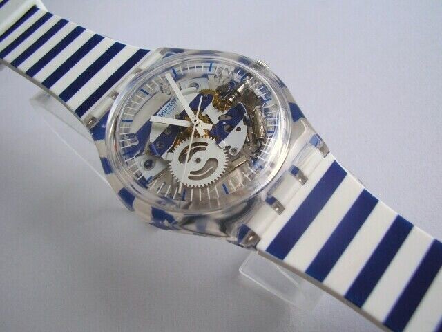 JUST PAUL! Blue/White Striped SKELETON DIAL Swatch w Silicone Strap! NIB-RARE!