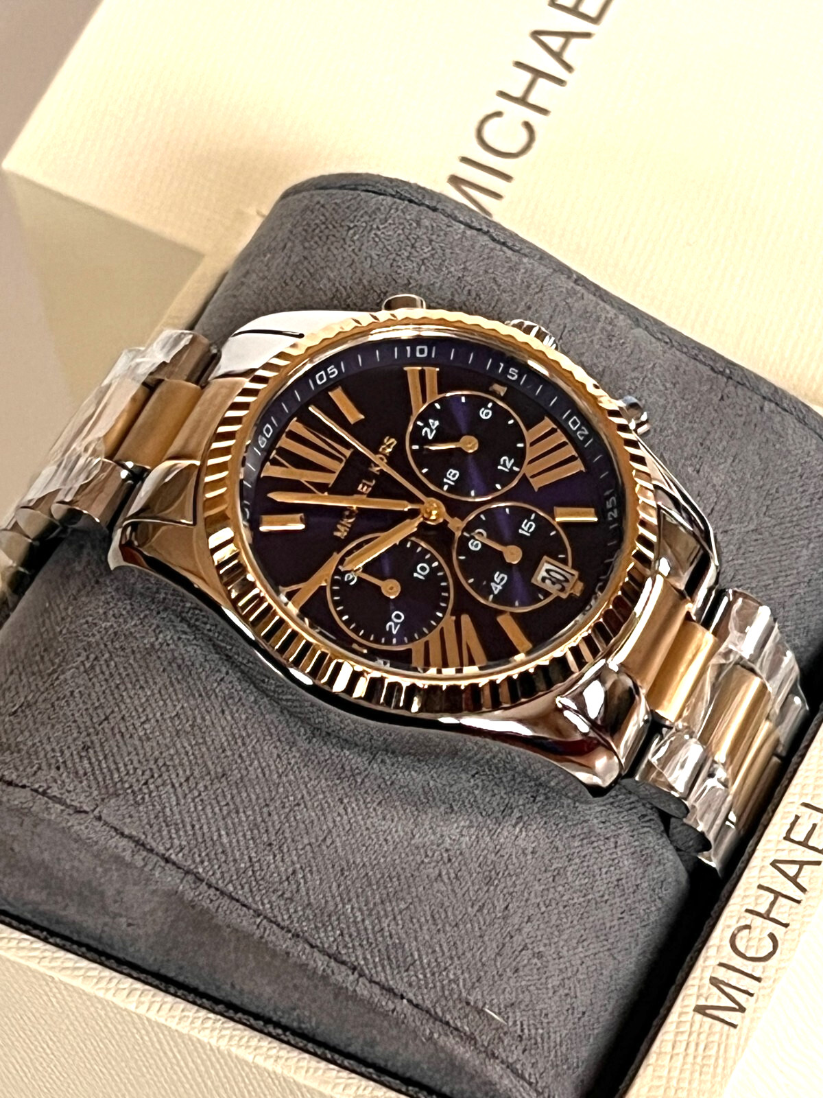 MICHAEL KORS MK7218 Lexington Two-Tone Blue Dial Ladies Watch BNWT/Gift Box $250
