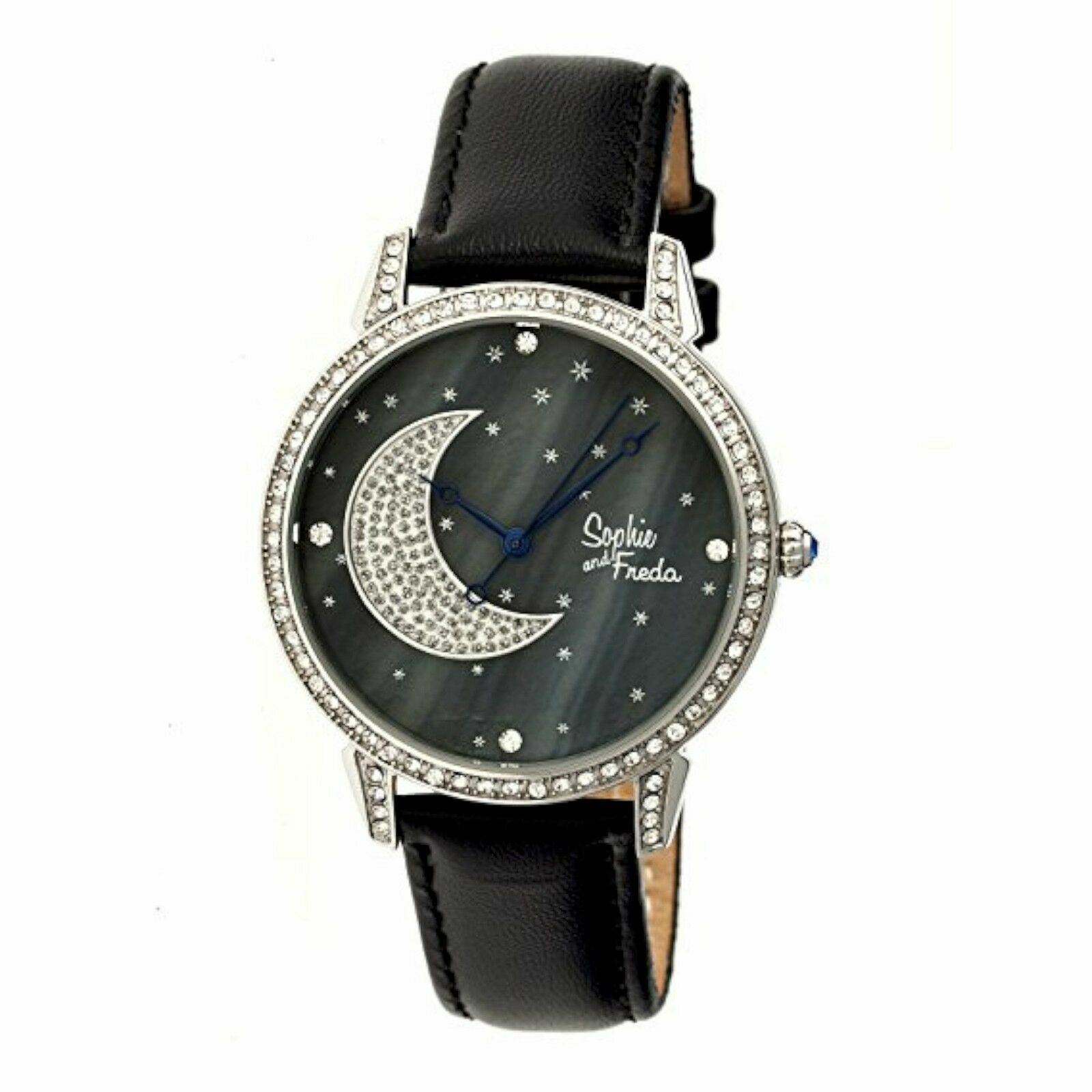 NEW Sophie and Freda SF2404 Women’s Moon and Stars Black Leather Silver SS Watch
