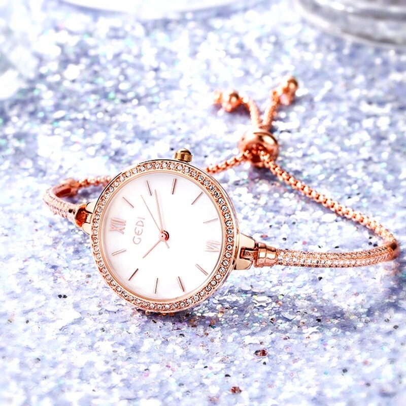 18K Rose Gold Filled Crystal Round Face Adjustable Slide Bracelet Quartz Watch