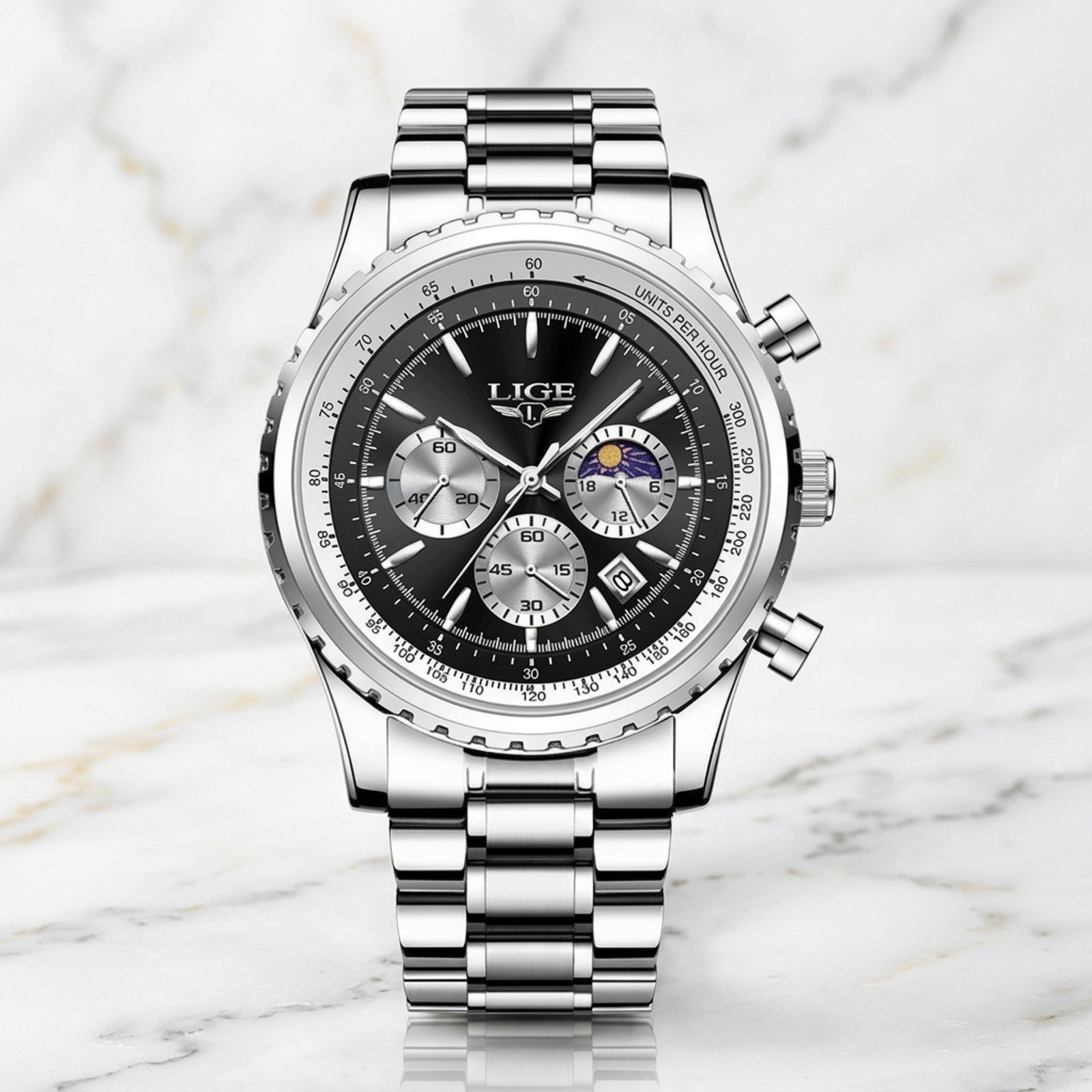 Men Watch Quartz Luminous Chronograph Black Dial 46 Silver Stainless Wristwatch