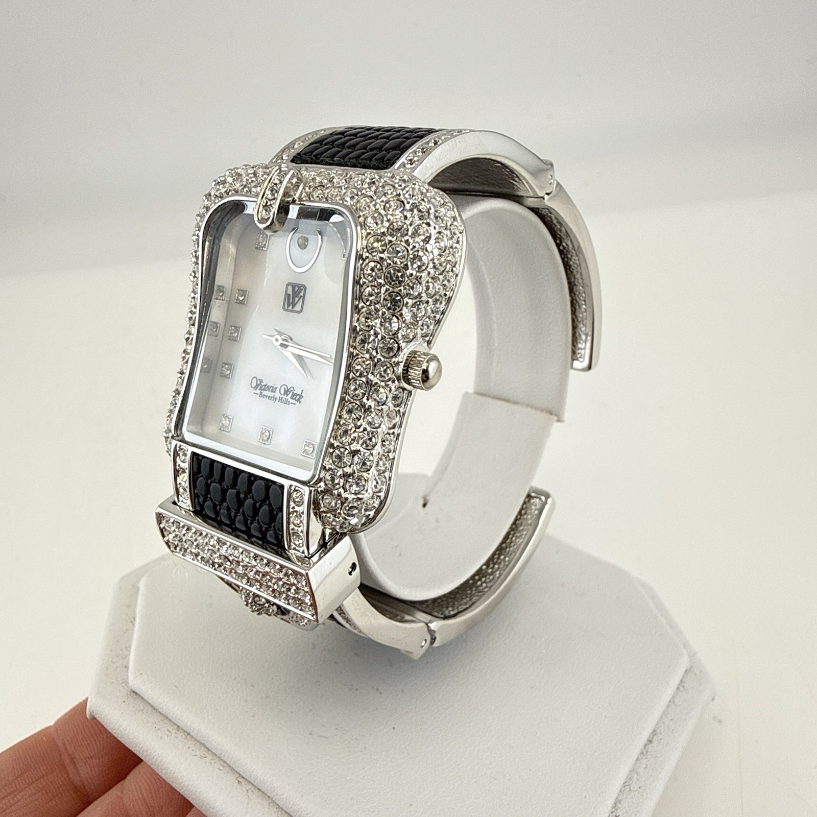 Victoria Wieck Watch Hinged Cuff Black Silver Tone Crystal Rhinestone * WORKS*