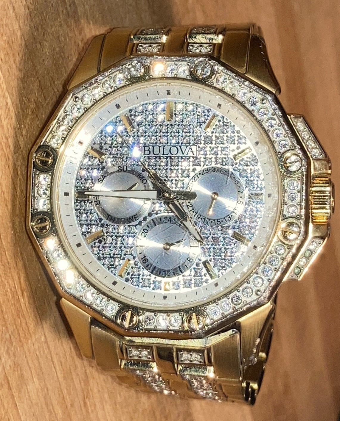 BULOVA Men’s Octava Gold Tone Stainless Pave Crystal Watch 7”inch Fast Free Ship