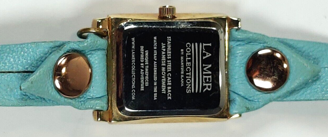LA MER WOMENS WATCH UNIQUE TEAL WRAP AROUND LEATHER STRAP; GOLD CASE WORKS!