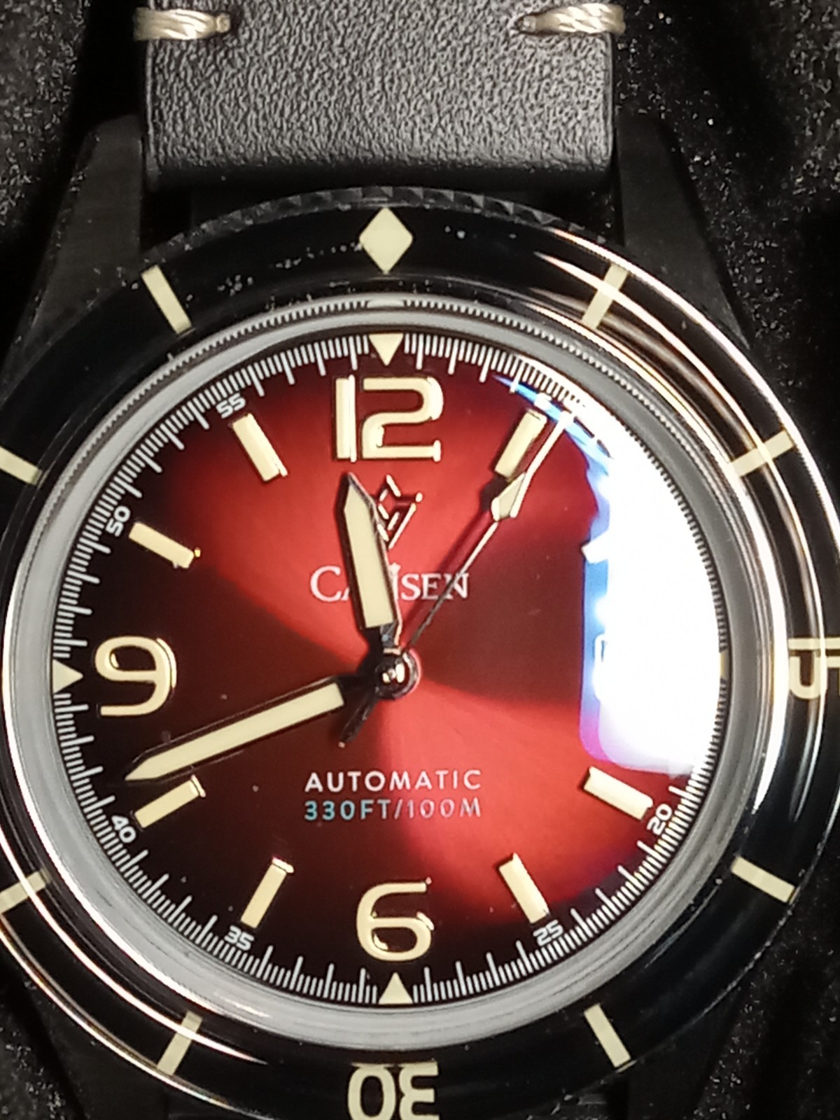 CADISEN Automatic Miyota Genuine Leather 100M Red Dial Luminous Men Watch