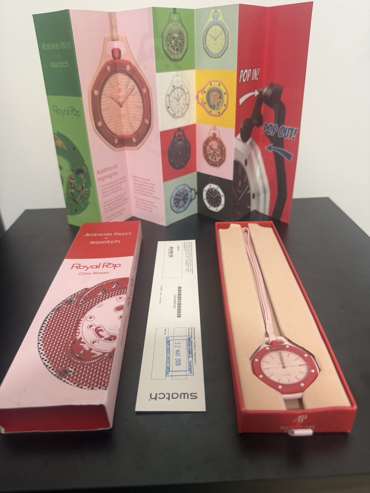 Swatch Royal Pop Otto Rosso Quartz Octagon 41mm Pink Dial Strap 30m Box