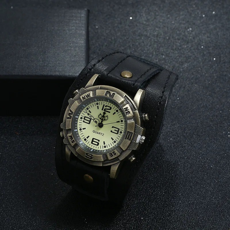 Vintage Retro Leather Cuff Bracelet Wide Band Steampunk Mens Quartz Wrist Watch