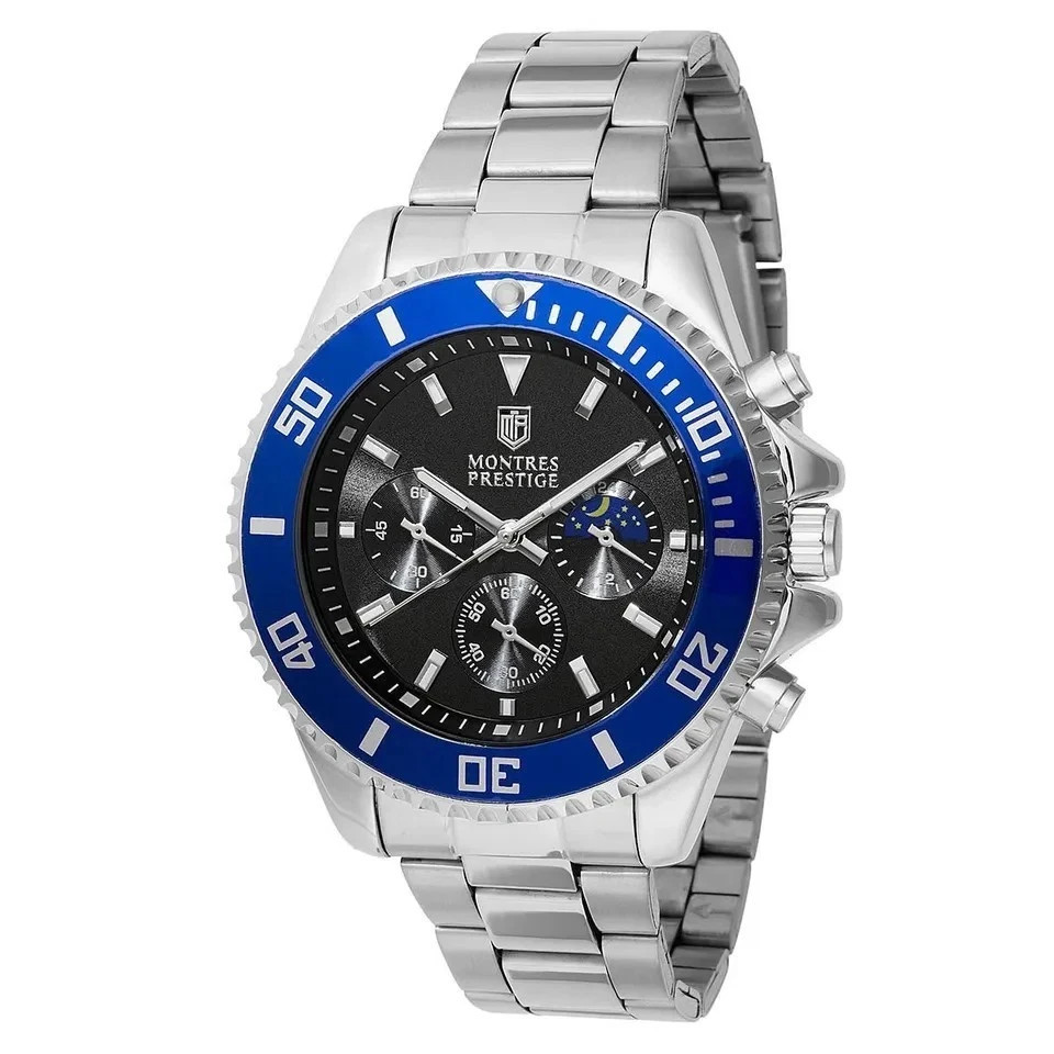 Montres Prestige x Invicta Mens 42mm Watch Silver Black Dial Blue Bezel MPW-0089