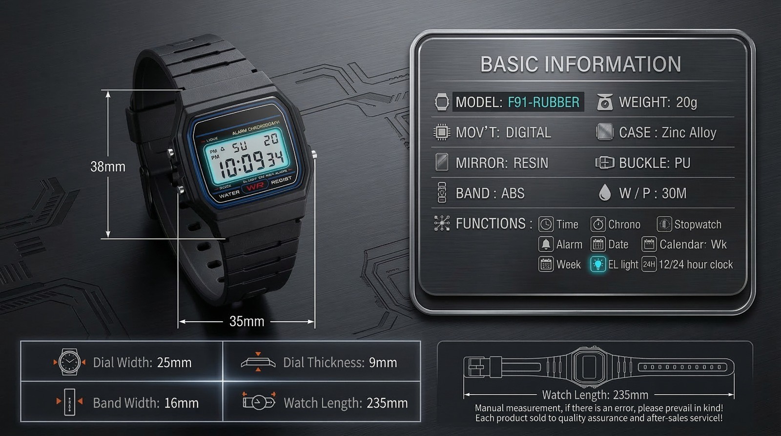 F91W Classic Digital Watch Resin Strap Stopwatch Chronograph Sport Men Black