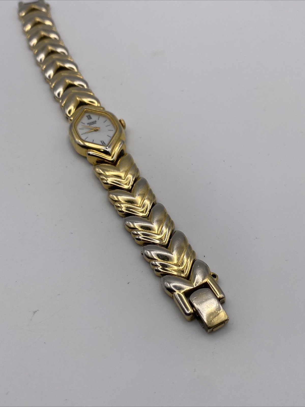 Pulsar Women V400-5350 Fashion Gold Tone Hexagonal Quartz 16mm Watch 5.75”