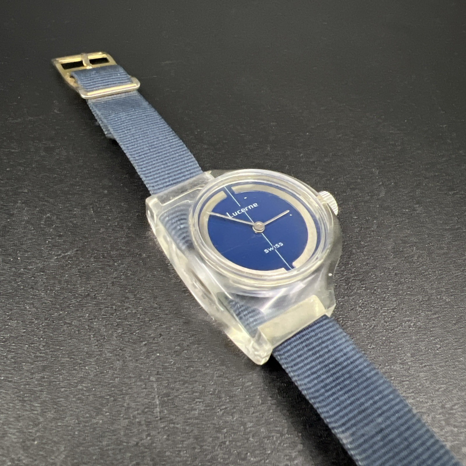 1970’s Vintage Clear Acrylic Lucerne Swiss Women’s Watch Blue Dial Manual Windup