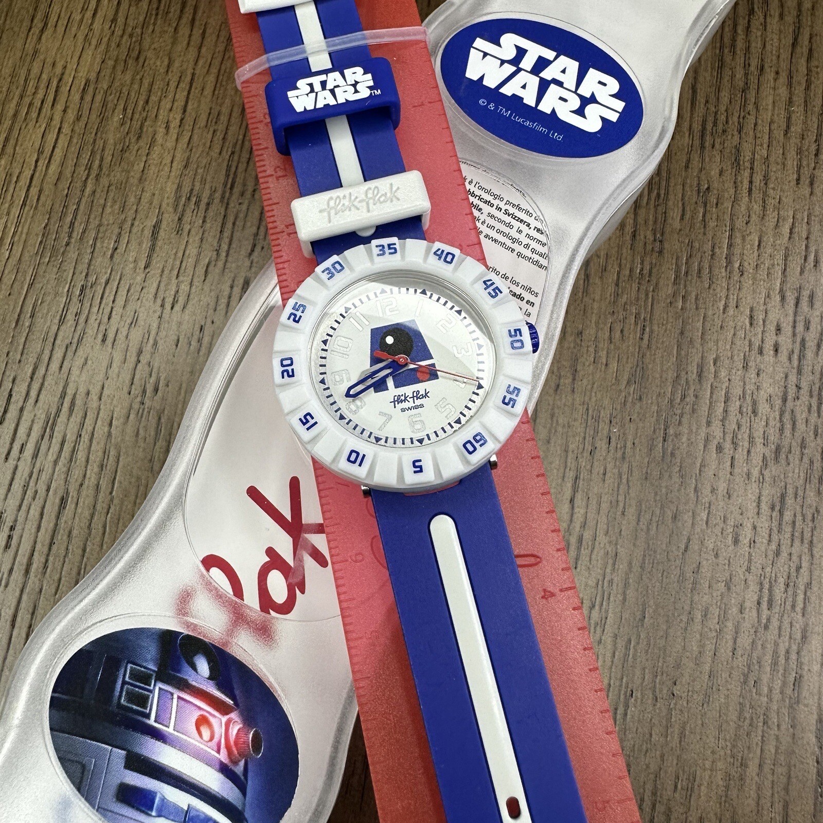 NEW✅ RARE✅ Swatch Flik Flak STAR WARS D2-R2 Blue White 36mm Watch ZFFLP006