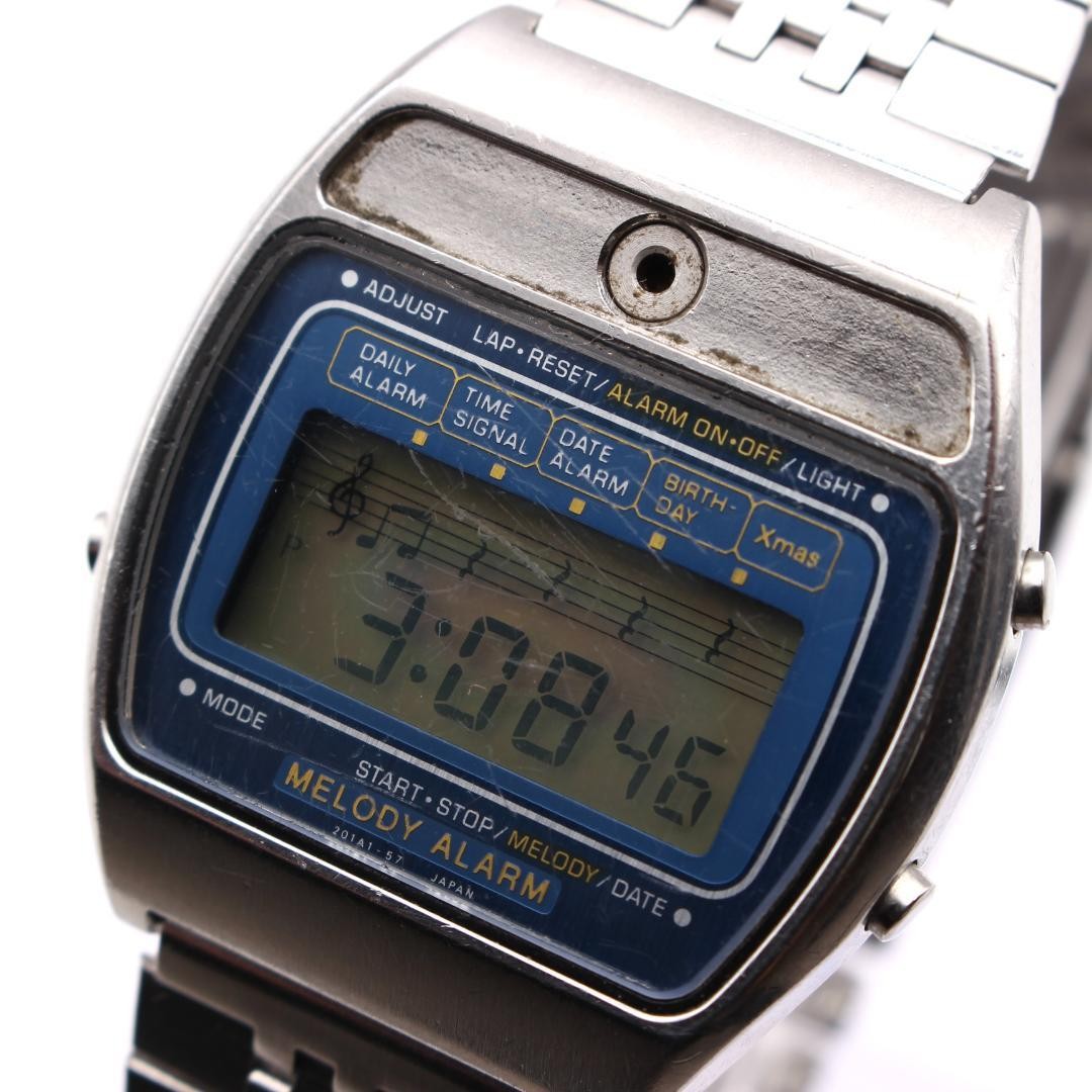 Casio Melody Alarm Wristwatch Blue Silver Digital Bracelet Push-Button Deployant