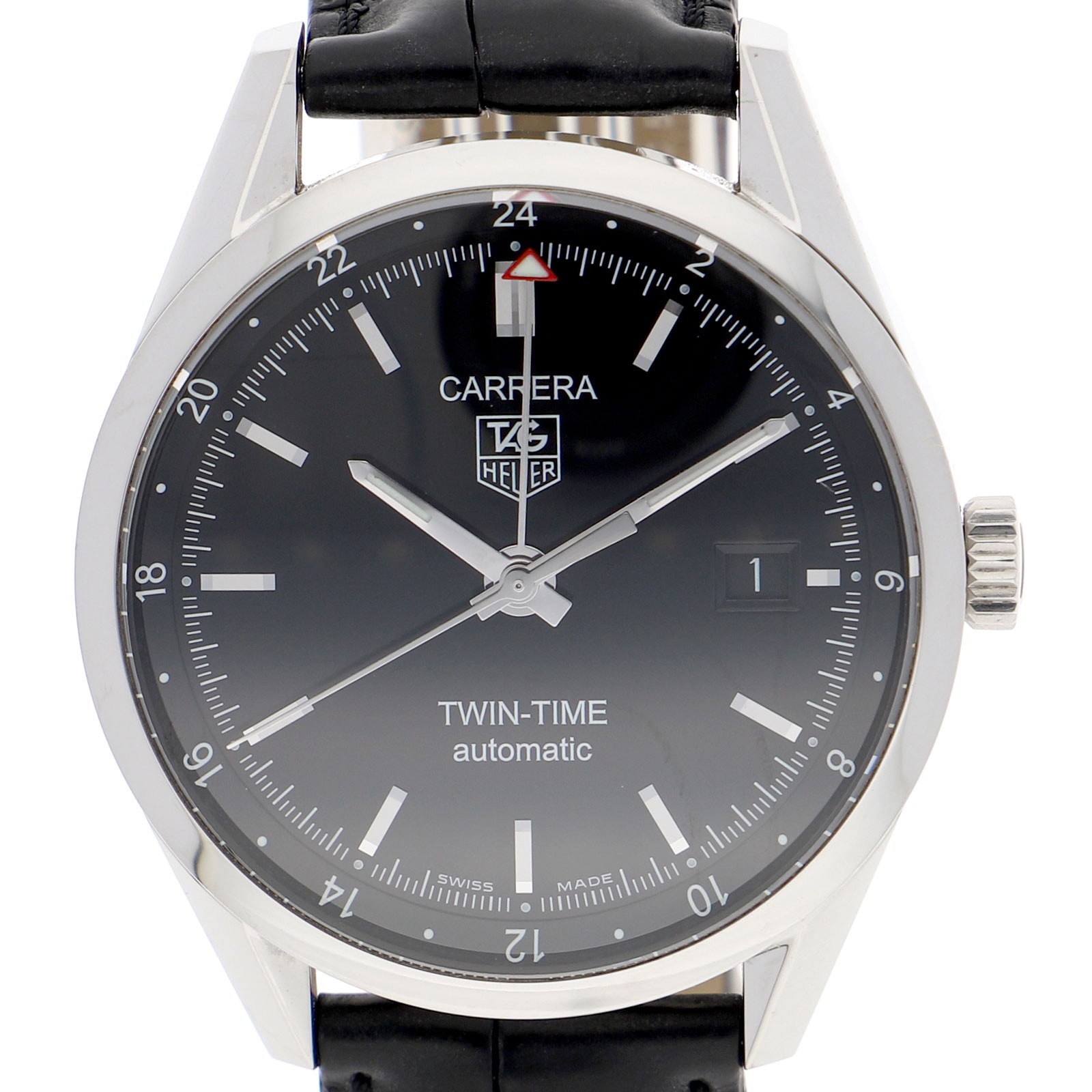 TAG HEUER WV2115 Carrera Twin Time black Dial Automatic Stainless Steel Leather