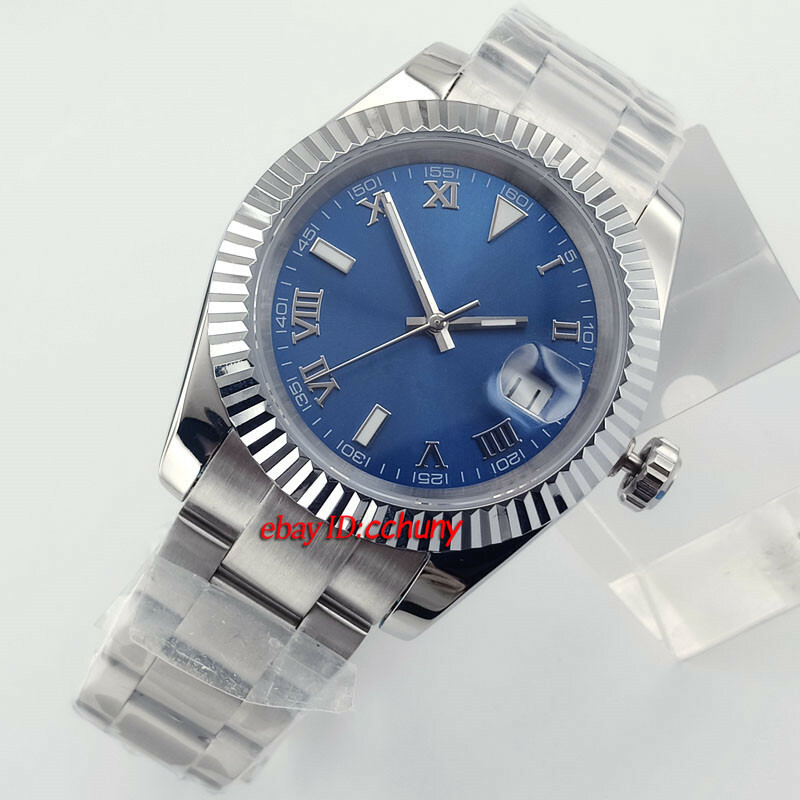 40mm sterile black blue dial date Roman sapphire glass automatic mens watch