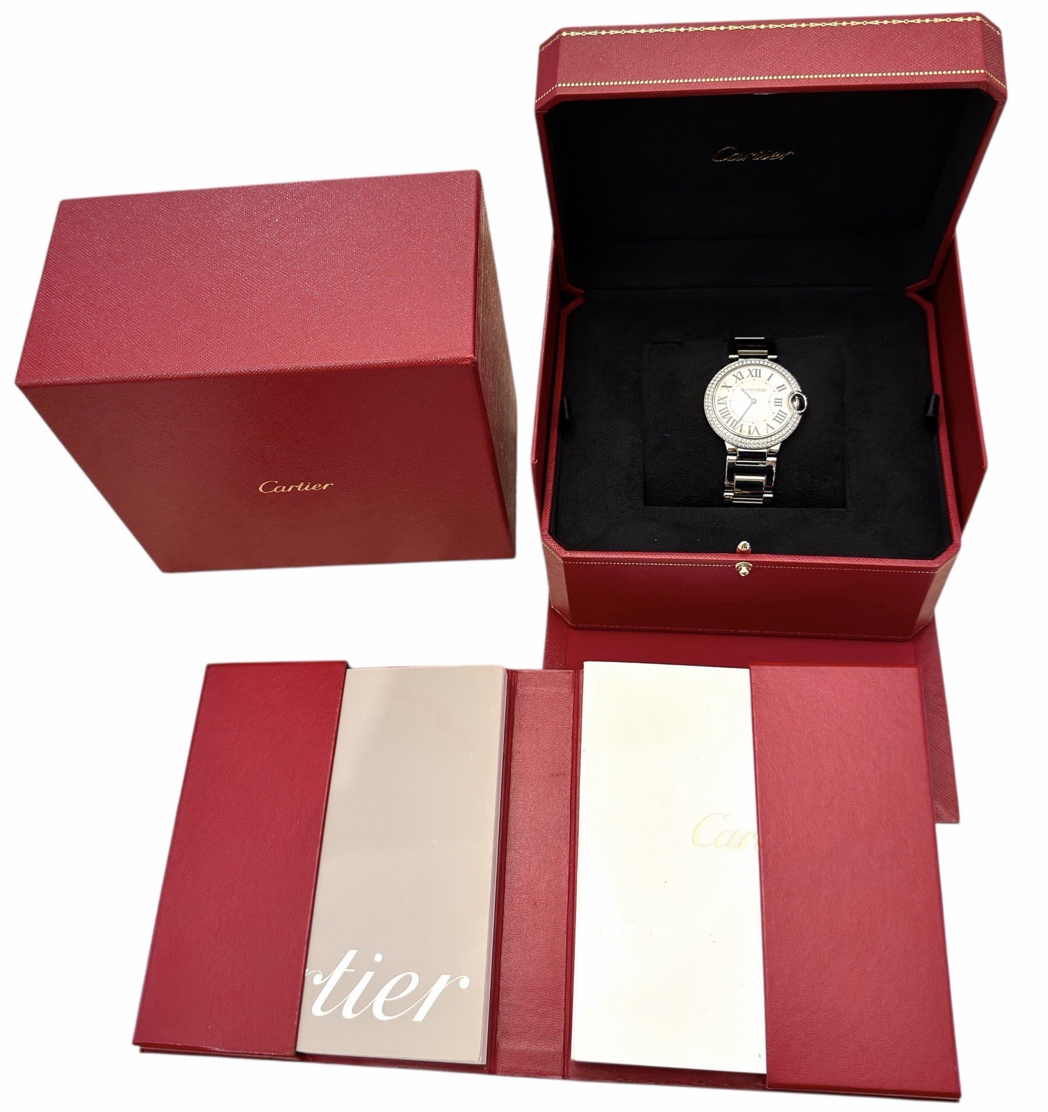 CARTIER BALLON BLEU 36MM DIAMOND BEZEL STAINLESS STEEL WATCH 3005 W69011Z4 B&P’s
