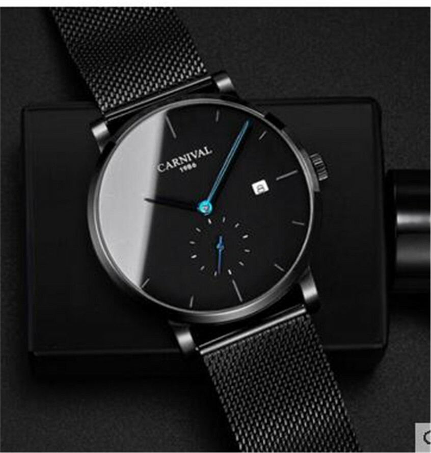 Carnival Men Automatic Watch Small Seconds Dial 24hours Thin Casual Mesh Band
