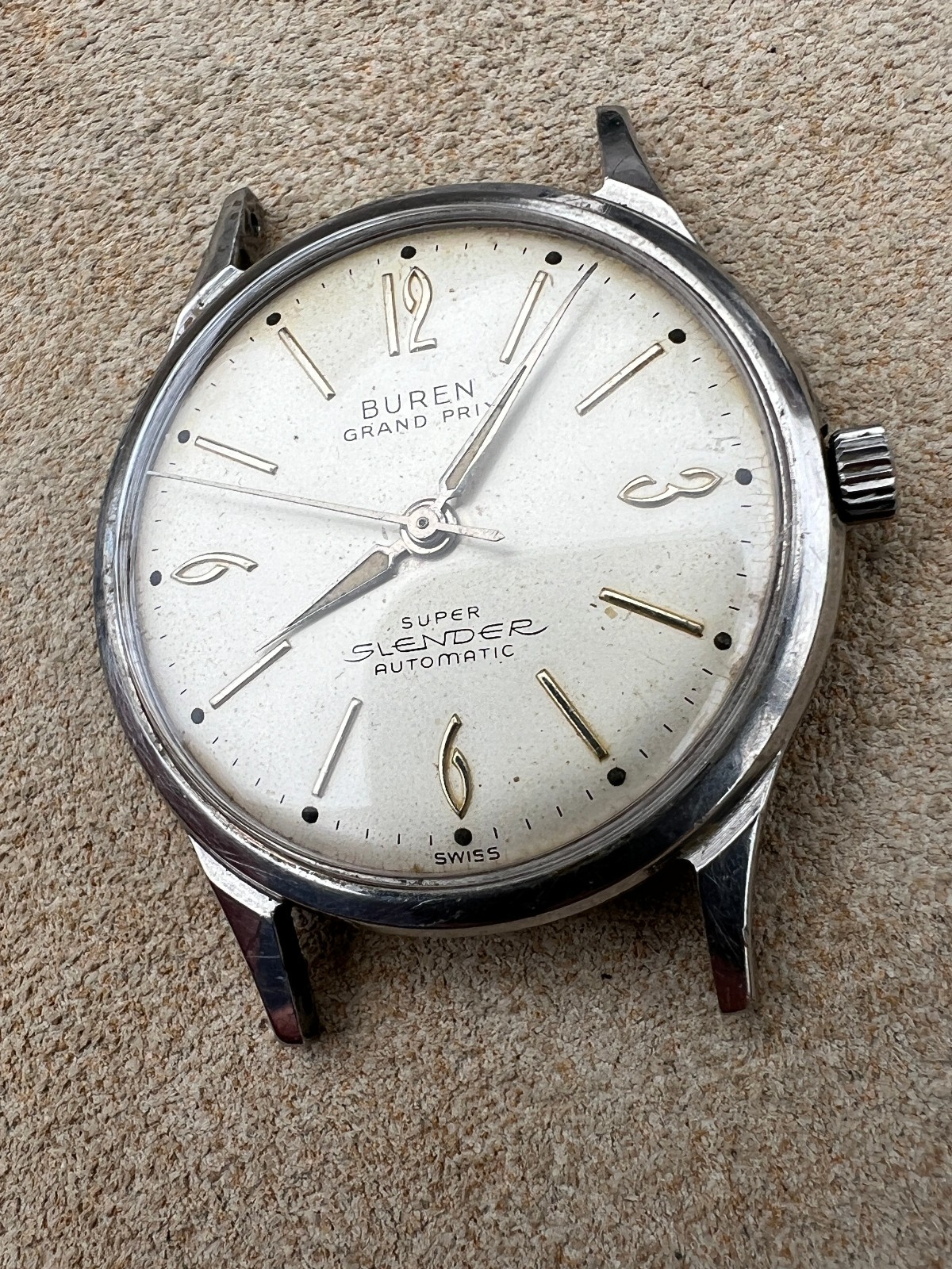 Vintage Buren Grand Prix auto micro rotor watch Slender 25J All Steel 60’s Works