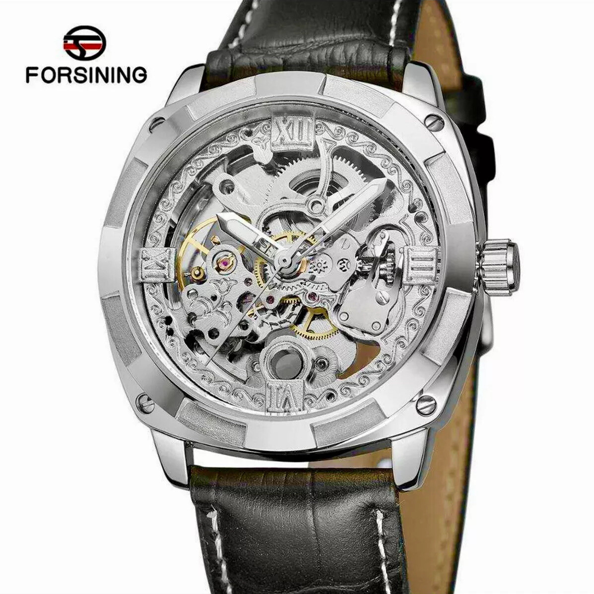 Forsining Mens Skeleton Mechanical Waterproof Luxury Watch Leather Gift Idea