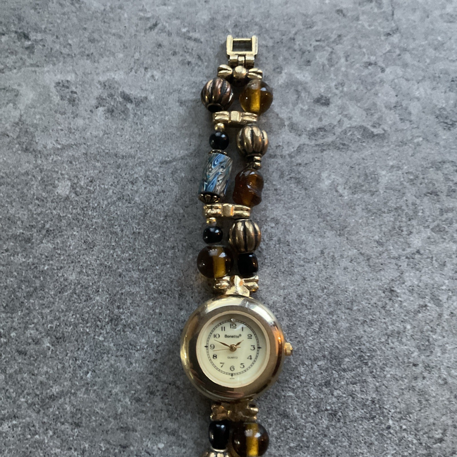 Vintage Bonetto Womens Watch 28mm Gold Tone Case Beaded Band Bin W