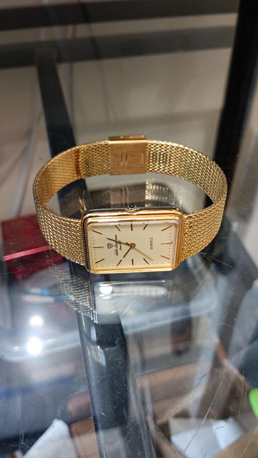JULES JURGENSEN Rectangular Vintage Men’s Watch Gold Tone Quartz 26 mm Box