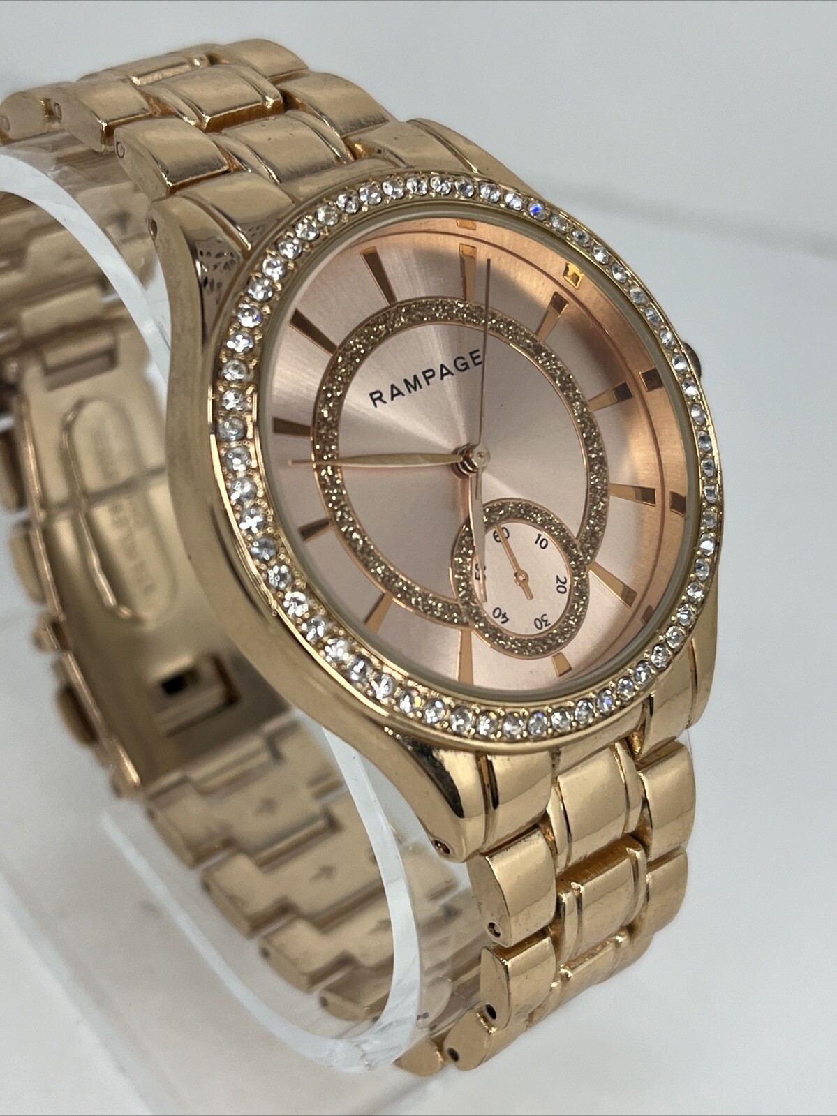Rampage Women’s Quartz Watch Rose Gold 38mm Case Rhinestone Bezel- New Battery