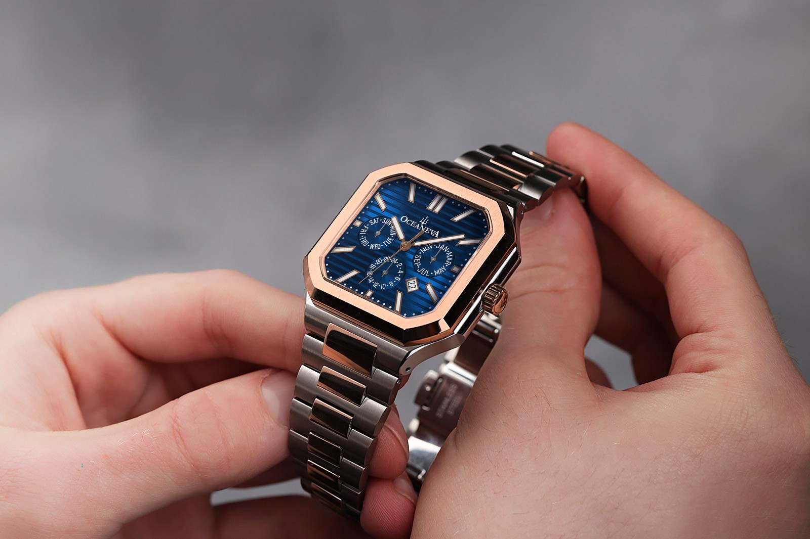 Oceaneva Men’s Tenuis Automatic Calendar Thin Watch – Blue & Rose Gold