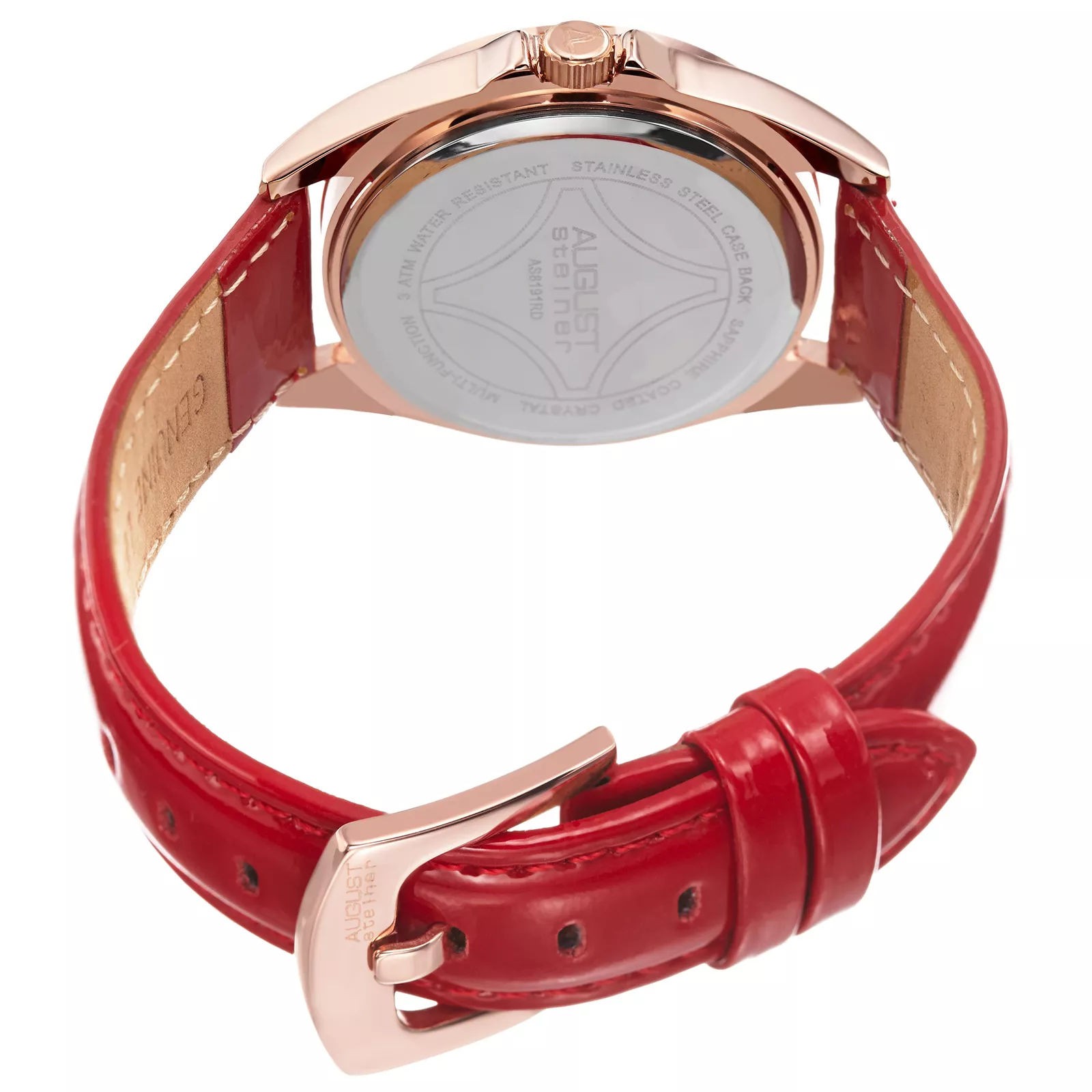 August Steiner AS8191RD Day Date GMT Red Genuine Leather Strap Womens Watch