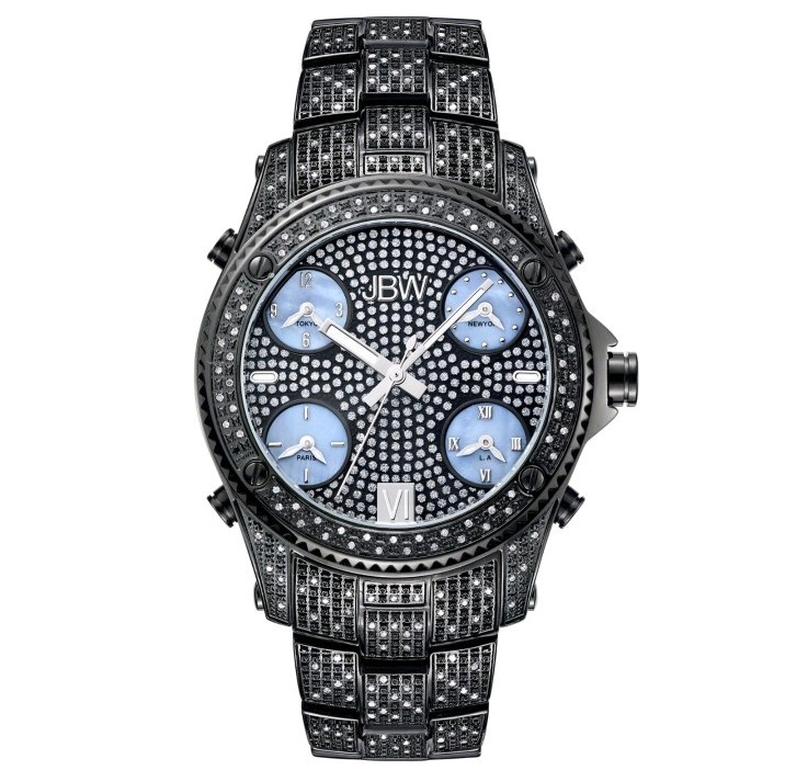 🏷JBW Jet Setter 234 Diamond & Crystal 50mm Watch Black Multiple Time-Zone