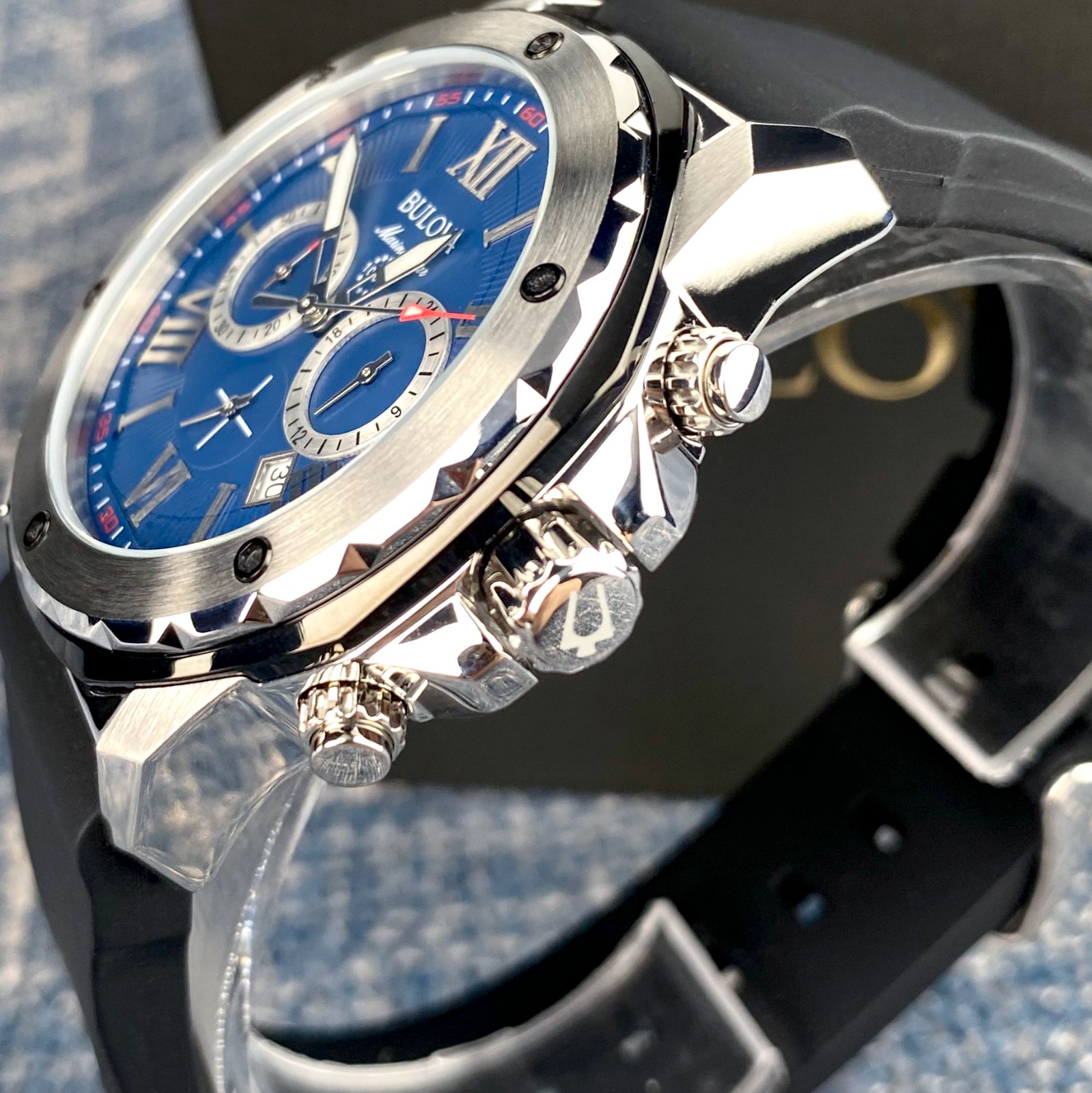 Bulova Marine Star 98B258 Blue Dial Black Rubber Strap Quartz Men’s Watch