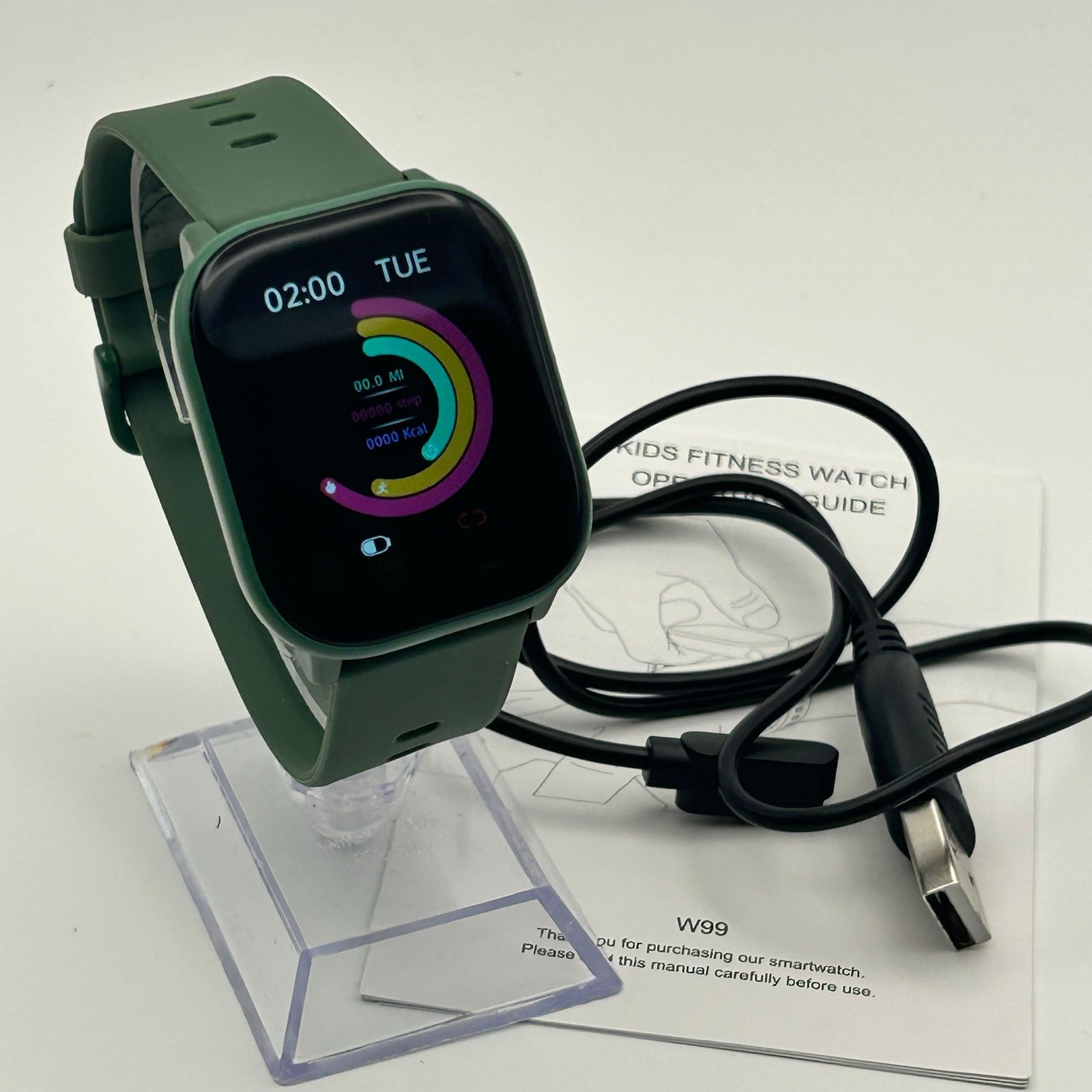 W99 Kids Fitness Watch, Green 1.5-inch IPS screen, pedometer heart rate monitor
