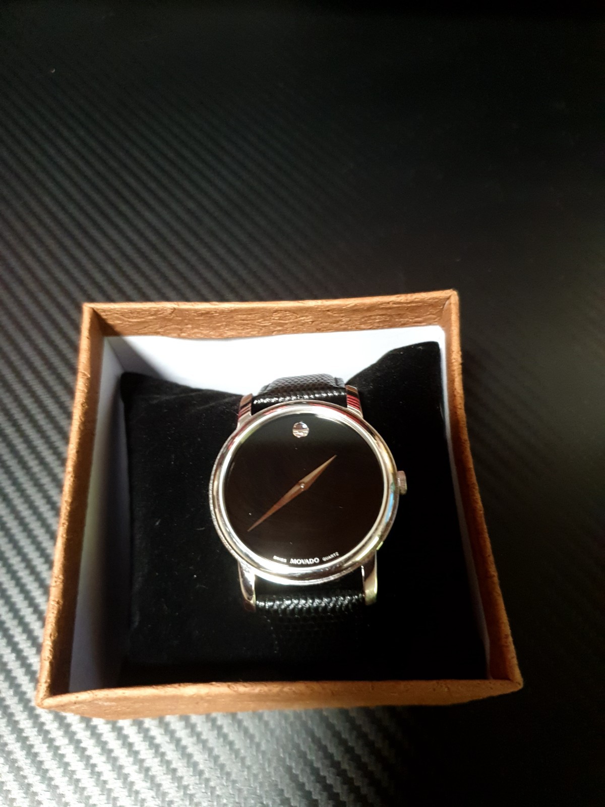Movado Men Silver Watch Concave Dot Museum Dial – Black Strap (0607591)