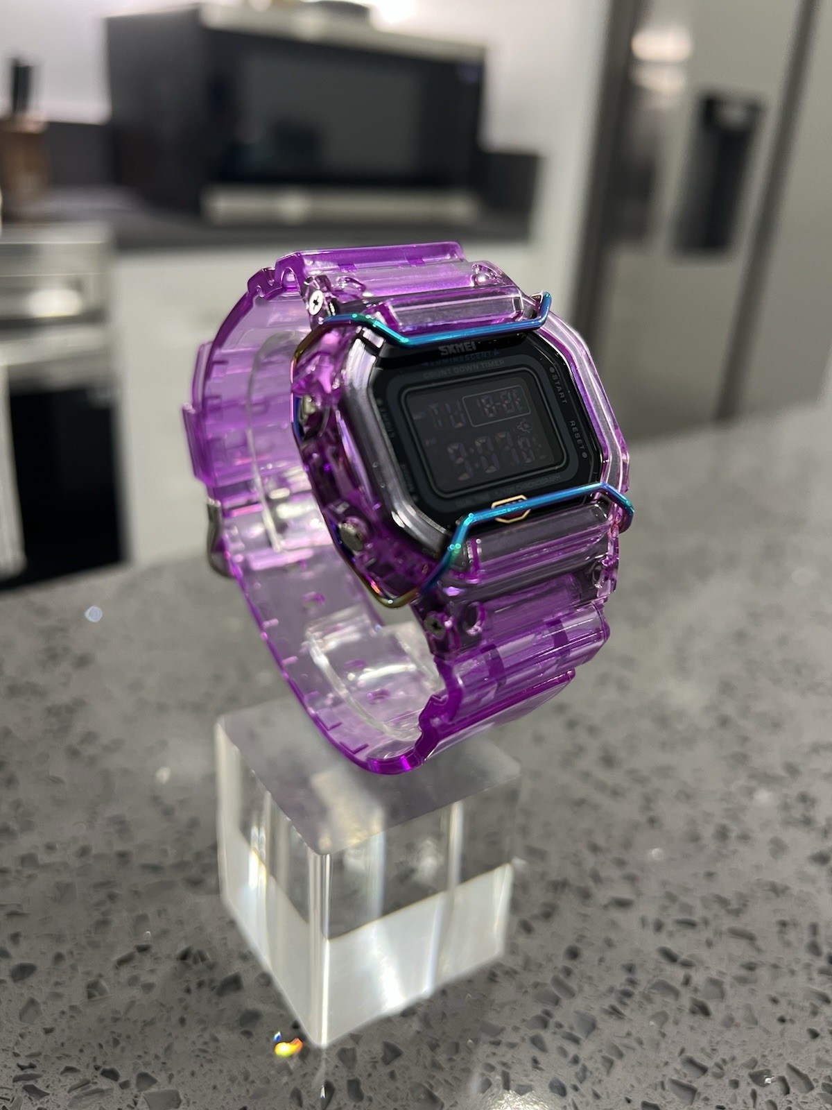 Gshock DW5600 Mod Custom Skmei Watch Clear Purple Black Dial / Travel Case