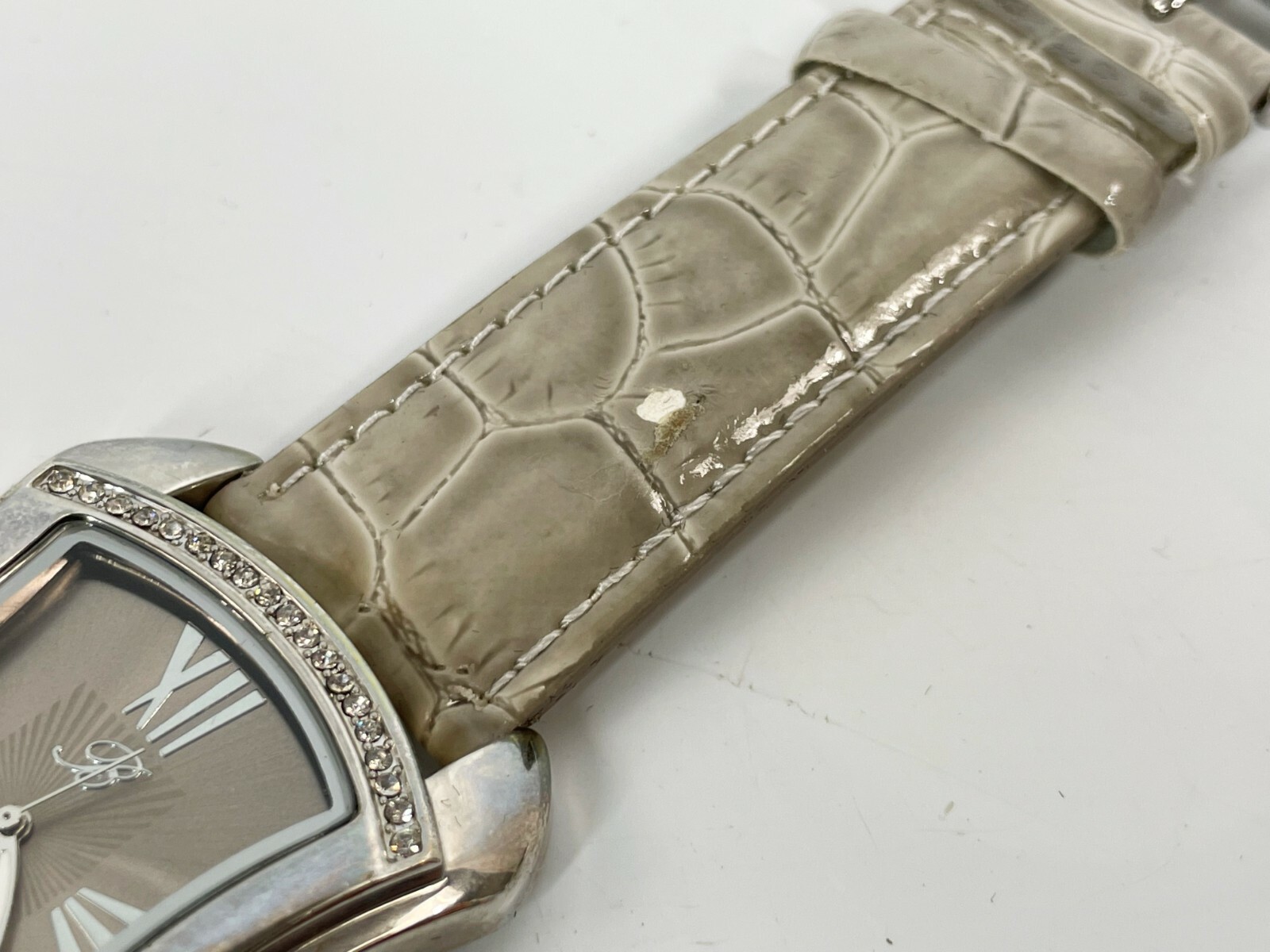 BURGI Rhinestone Stainless Gray Croc Emboss Leather Quartz Wrist Watch BTV011E