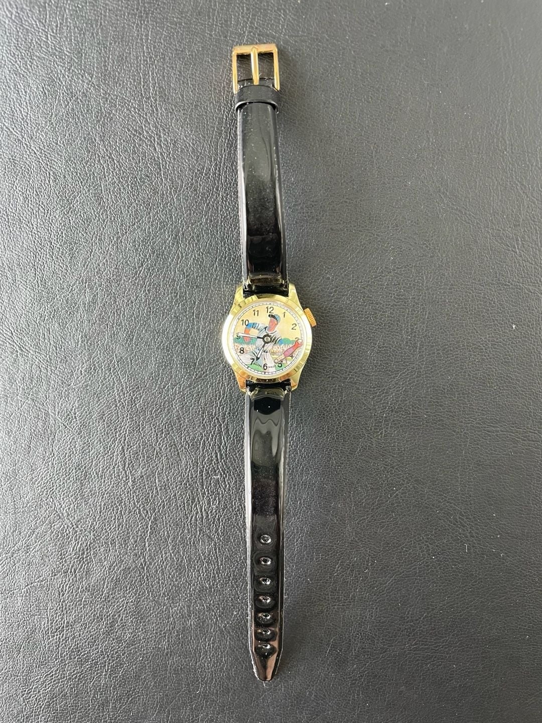 Vintage Swiss Made Baseball Player Character Wrist Watch with Black Strap