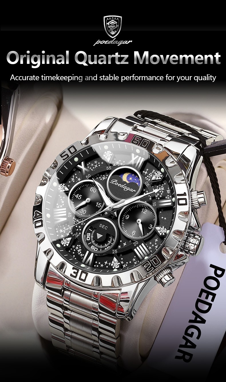 POEDAGAR Luxury Men’s Quartz Watch 3ATM Luminous Stainless-Steel Chronograph