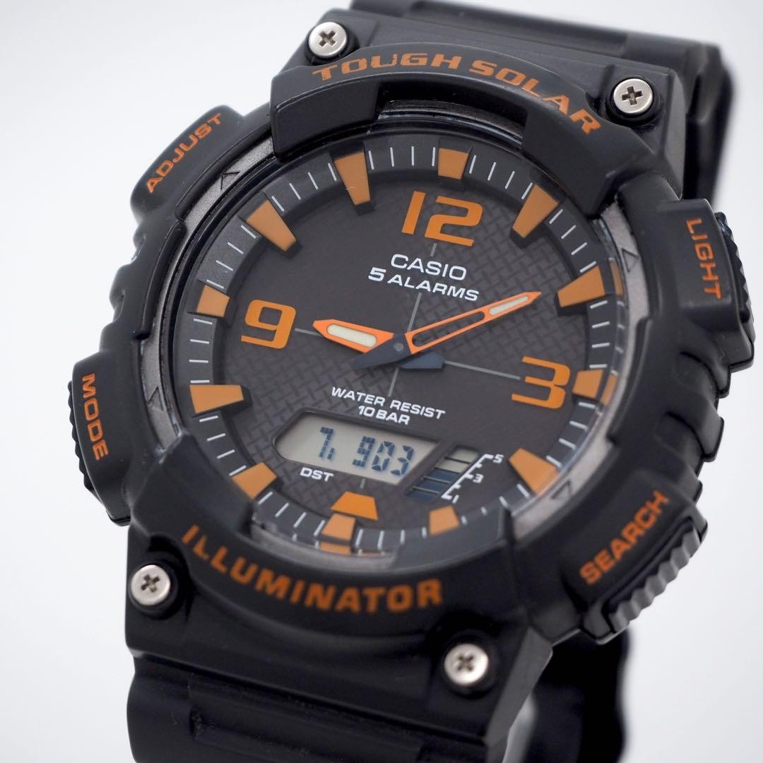 Casio Men’s Analog-Digital Solar Watch Black Orange Japan Working 076142