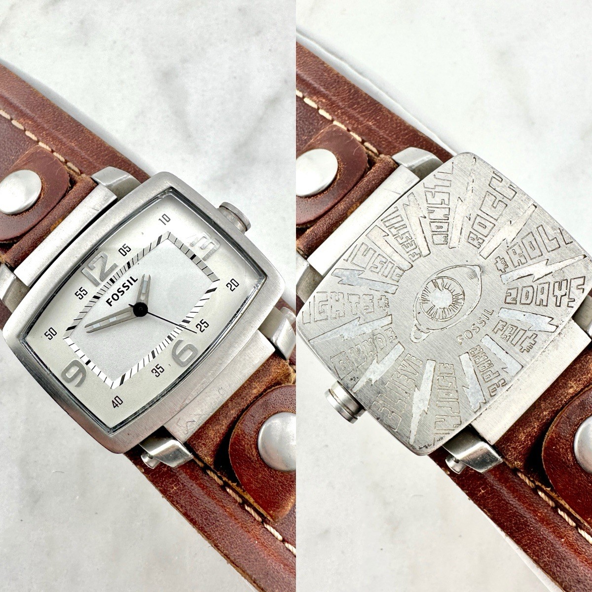 Mens Vintage Fossil Flip Date Watch JR-9415 Reversible Wide Leather, New Battery