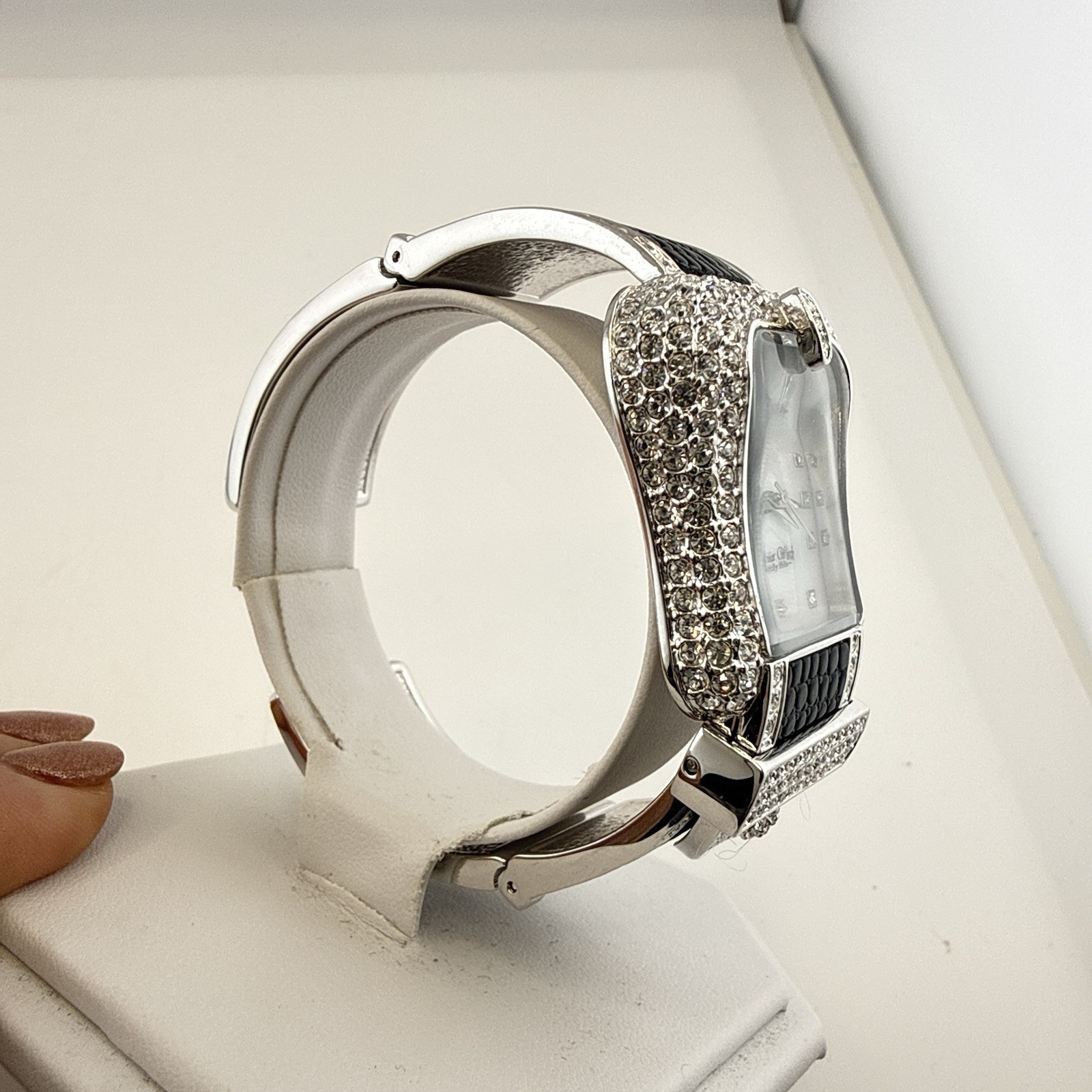 Victoria Wieck Watch Hinged Cuff Black Silver Tone Crystal Rhinestone * WORKS*
