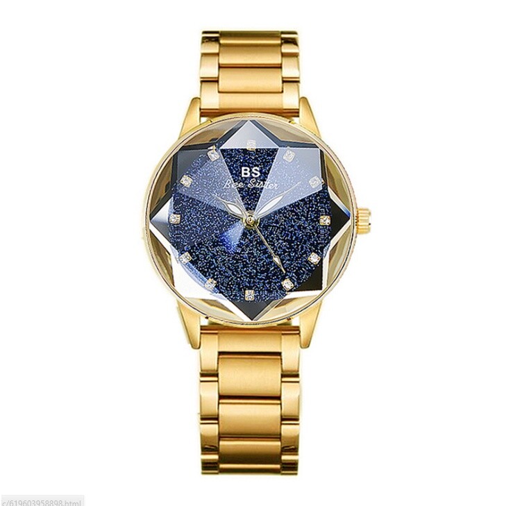 Ladies Diamond Round Starry Watch Quartz Women Luxury Dial Stainless Wristwatch