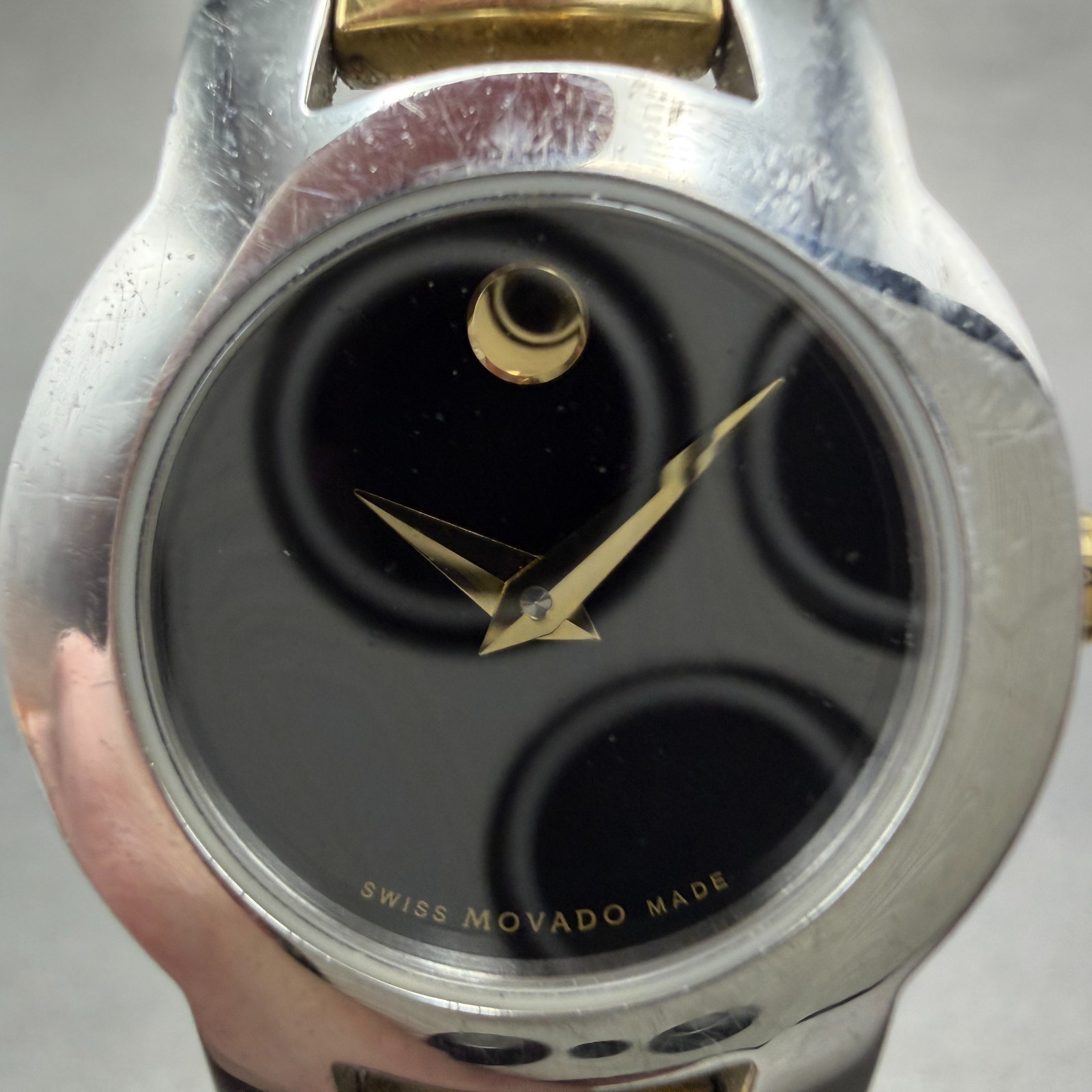 Movado Amorosa Watch Women 24mm Black Dial Two Tone Round 81 E4 1842 New Batt B9