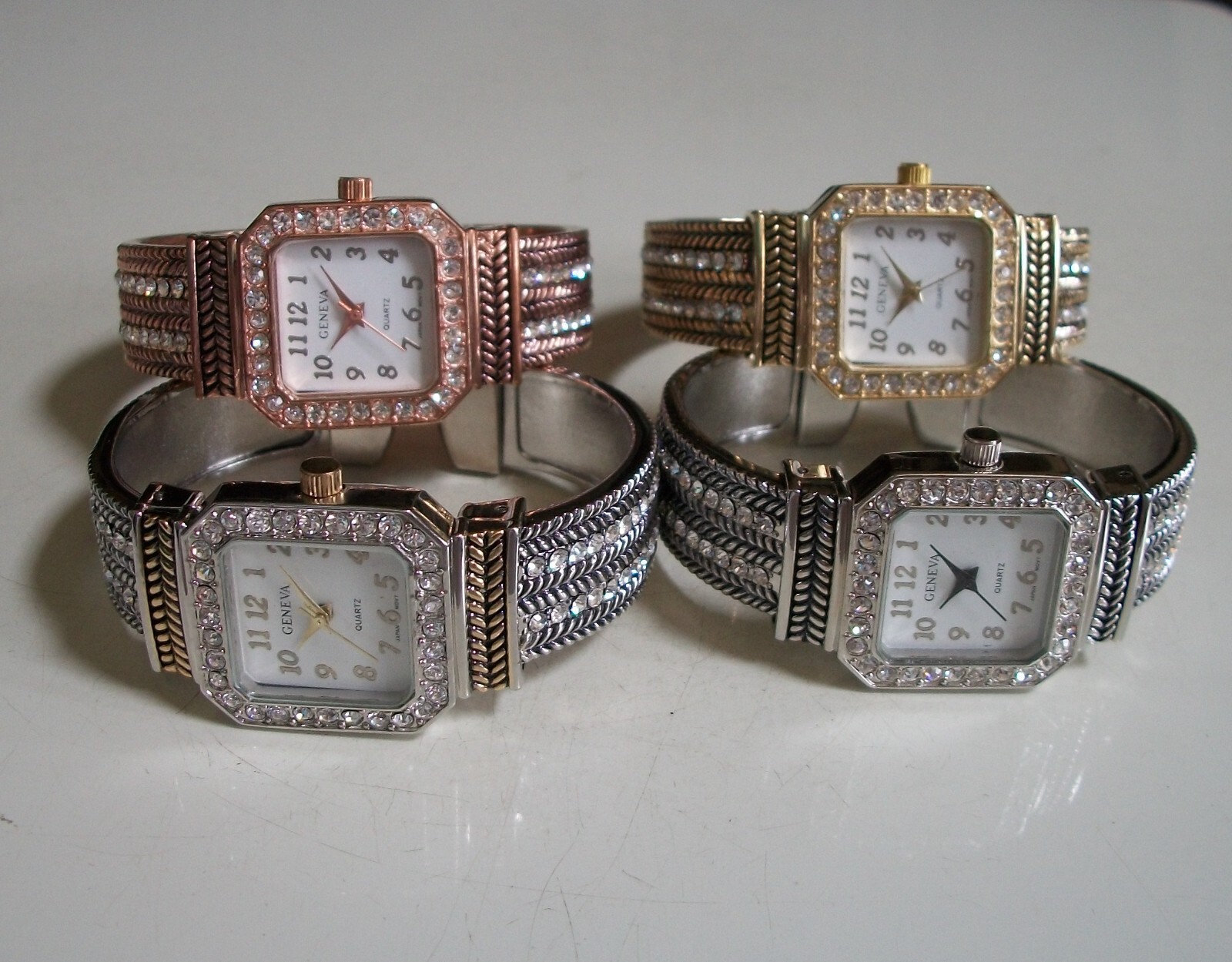 Women’s silver, gold & rose gold finish fashion rhinestone party cuff watches