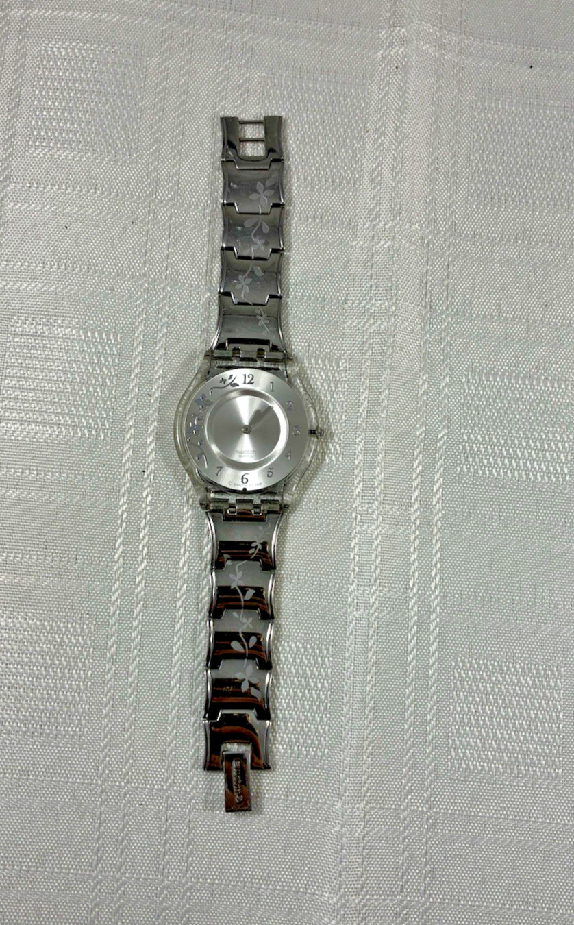 Swatch Irony Women’s Quartz Floral Stainless Bracelet Watch Silver (not working)