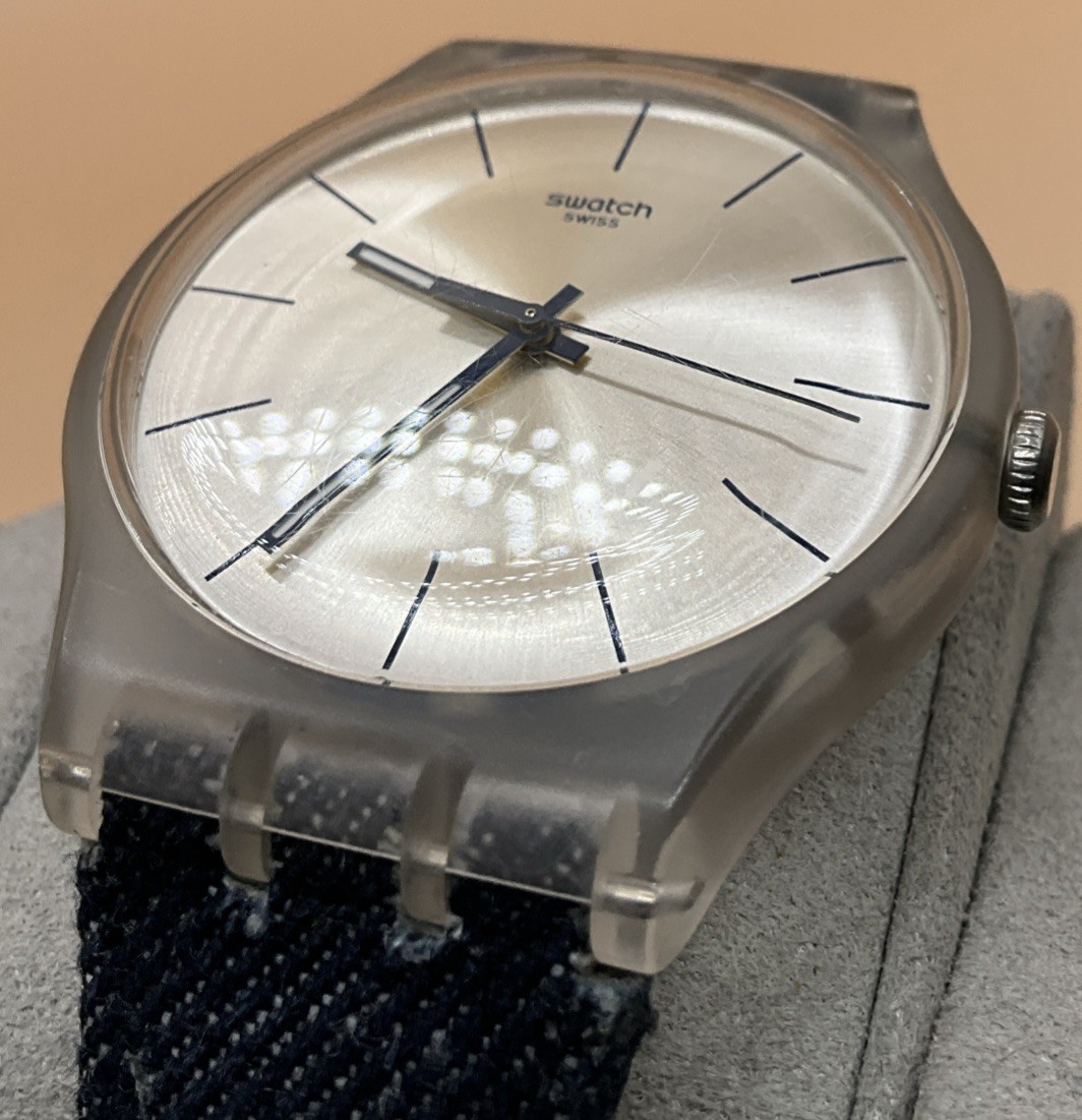 Swatch AG-2012 Clear Case Silver Dial with Denim/Leather Band – New Battery