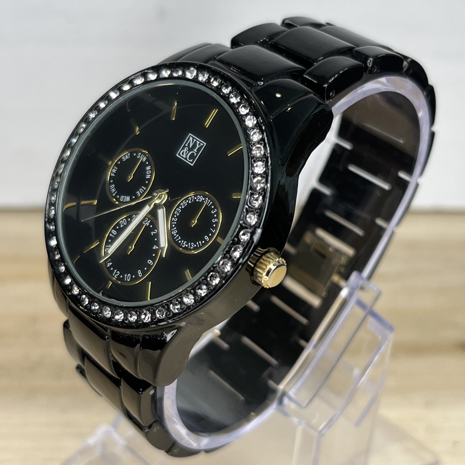 Ny&C Women’s Watch Black Gem Set Bezel Round Dial Jewelry Clasp NEW BATTERY